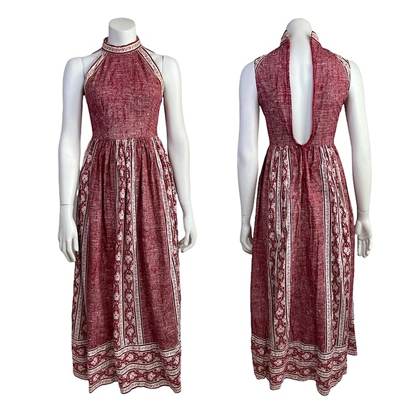 Vintage Dresses & Skirts - Vintage 60s Halter Maxi Dress Mock Neck Full Skirt Dark Red/Off White Floral XXS